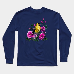 Goldfinch Surrounded By Pink Wild Roses Iowa State Tattoo Art Long Sleeve T-Shirt